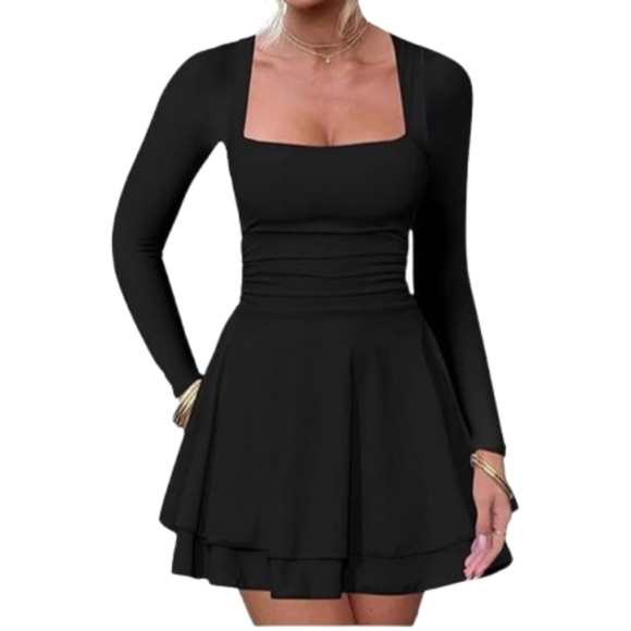 Women's Tight Flare A-Line Square Neck Long Sleeve Ruffle Hem Mini Dress - Picture 1 of 8